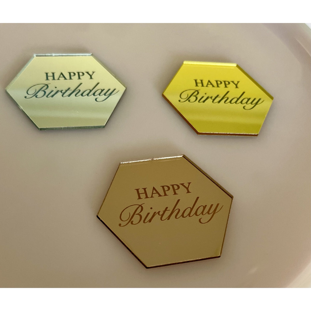 Mirrored Hexagon Acrylic Happy Birthday Disk Toppers - Pack of 5